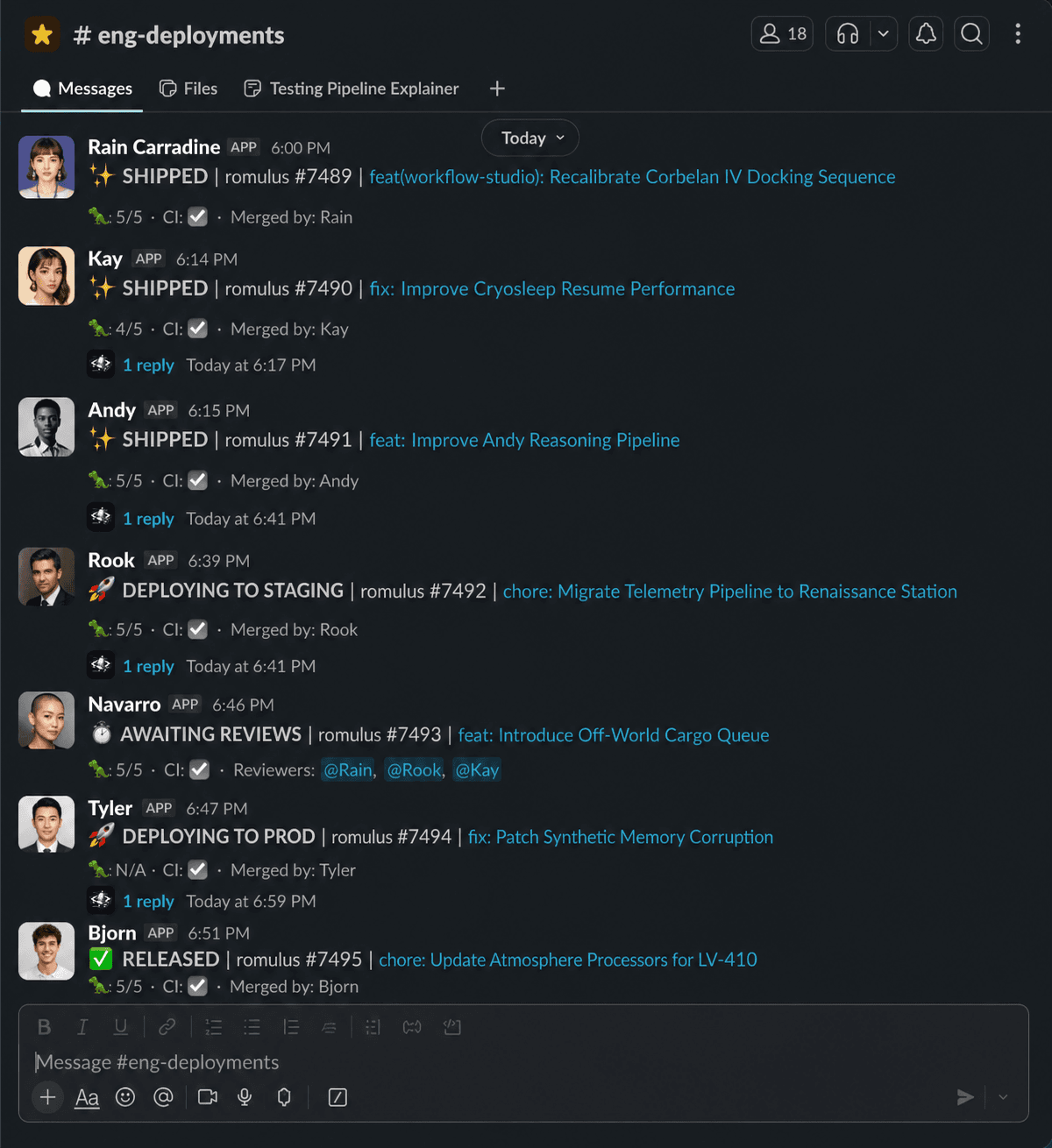 The #eng-deployments Slack channel showing CI status, AI PR review scores, and deploy notifications